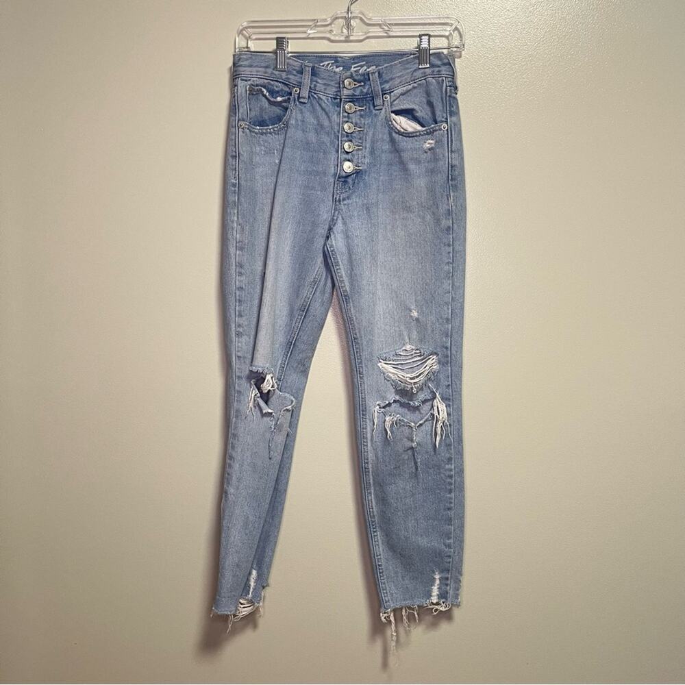 We the Free Distressed High Rise Light Wash Button Fly Jeans Straight Raw Hem 24